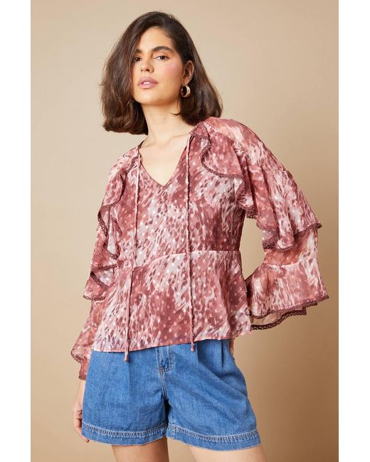 Oasis Ruffle Blouse Oasis Boho Ruffle Peplum Blouse in Pink | Lyst