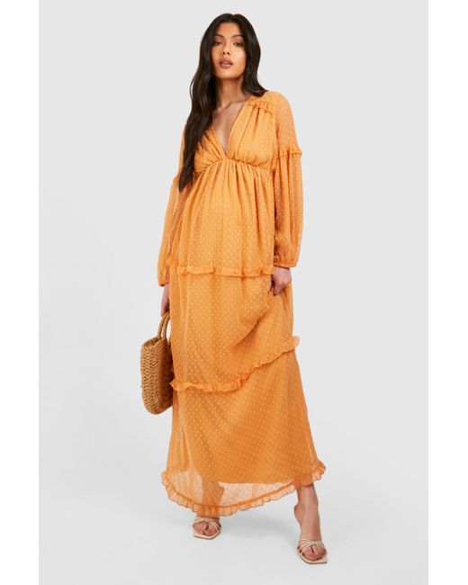 Boohoo Orange Maternity Dobby Mesh Ruffle Maxi Dress