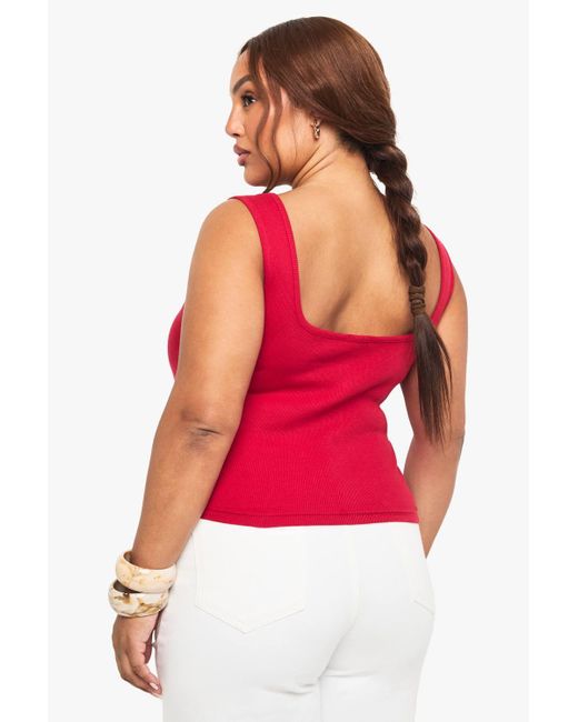 Boohoo Red Plus Rib Button Through Square Neck Top