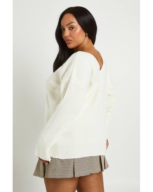 Boohoo White Plus V Neck V Back Oversized Jumper