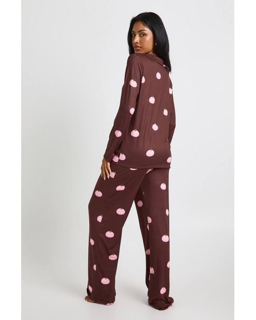 Boohoo Red Halloween Pumpkin Print Long Sleeve Shirt & Pants Pyjama Set