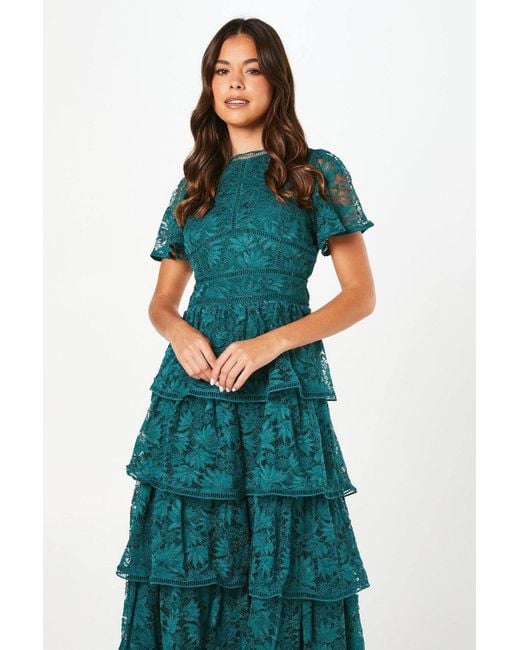 Coast Petite Tiered Lace Dress With Flutter Sleeve & Trims in Green | Lyst Coast Petite Tiered Lace Dress With Flutter Sleeve & Trims in Green | Lyst