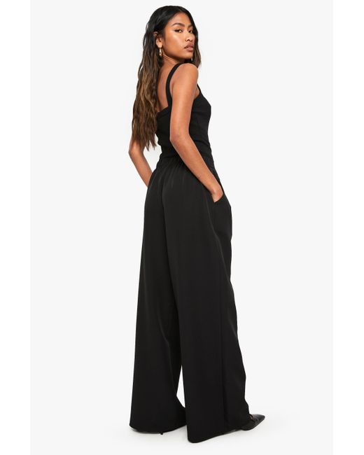 Boohoo Black Woven Pleated Belted Wide Leg Trouser
