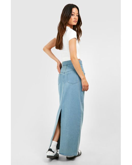 Boohoo Blue Tall Foldover Waistband Pocket Detail Denim Maxi Skirt