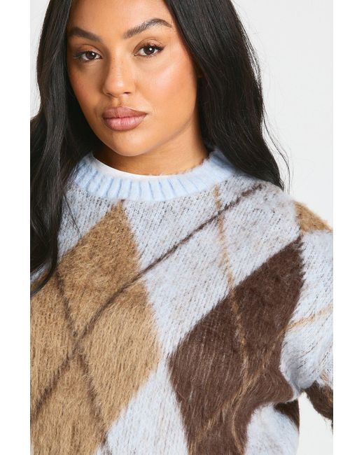 Plus Brushed Argyle Oversized Jumper Boohoo de color White