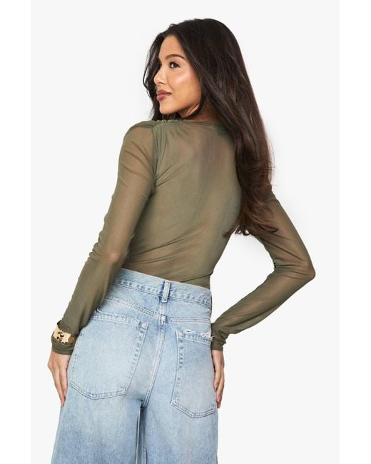 Boohoo Green Mesh Cross Over One Piece