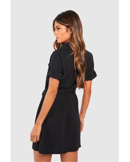 Boohoo Black Hammered Pocket Detail Utility Shirt Dress