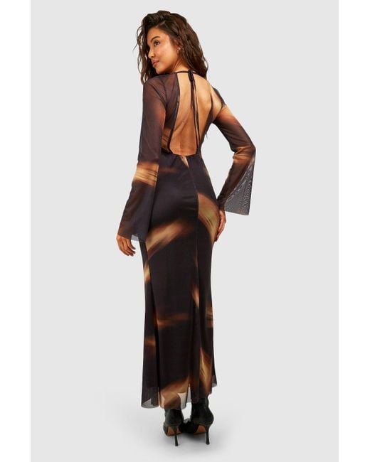 Boohoo Brown Long Sleeve Printed Mesh Maxi Dress