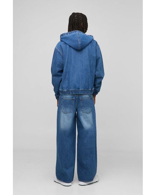 BoohooMAN Blue Baggy Fit Cross Applique Washed Jeans for men