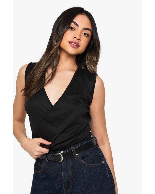 Boohoo Black Jersey Wrap Front Drape Top