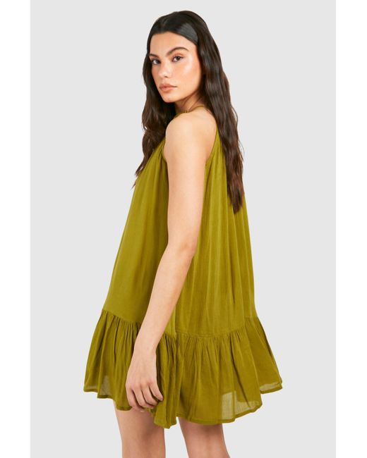 Boohoo Green Cheesecloth Mini Smock Dress