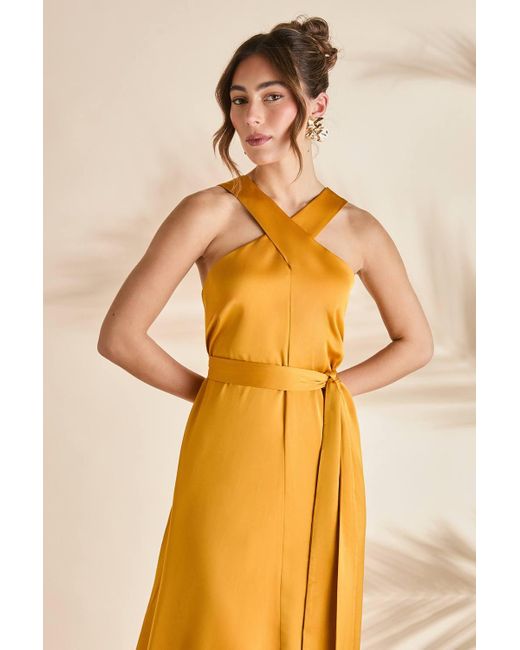 Coast Yellow Fringe Asymmetric Hem Cross Neck Midi Dress