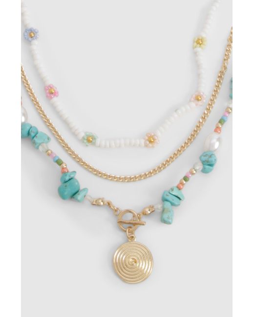 Boohoo Blue Floral Beaded Pendant Layered Necklace
