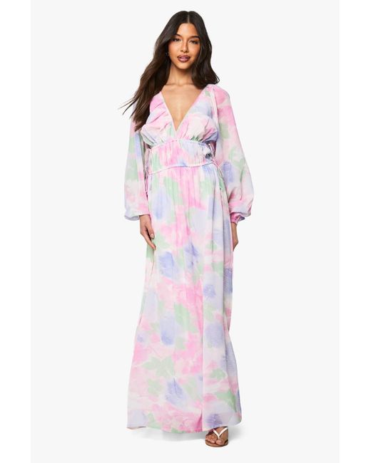 Boohoo Red Floral Tie Waist Balloon Sleeve Maxi Dress
