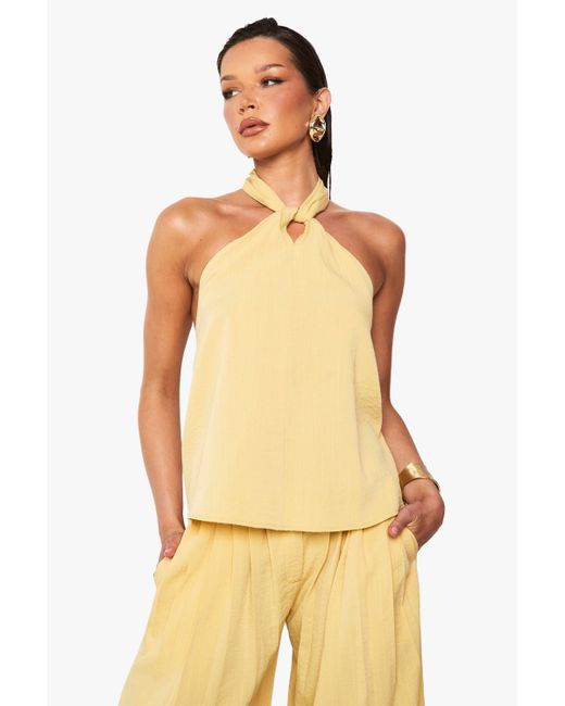 Boohoo Yellow Linen Look Knot Detail Top