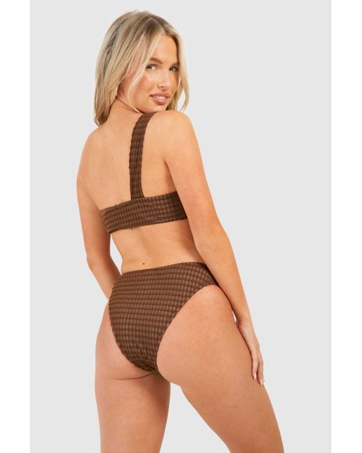 Boohoo Brown Gold Trim Textured One Shoulder Bikini Set
