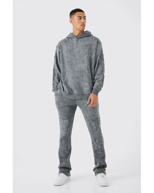 BoohooMAN Gray Oversized Worldwide Raw Edge Applique Flare Tracksuit for men