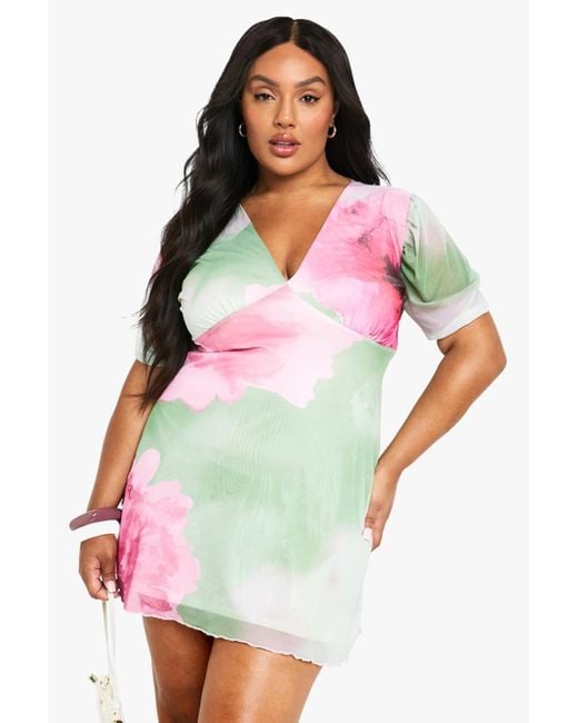 Boohoo White Plus Floral Mesh Puff Sleeve Mini Dress