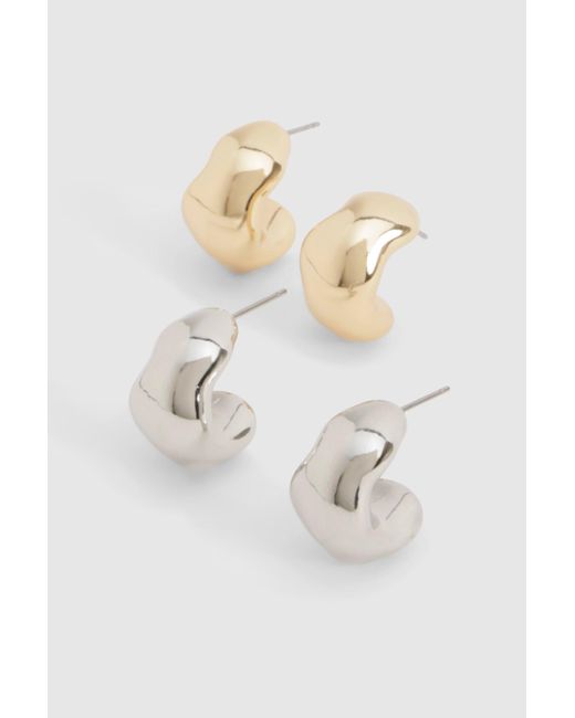 Boohoo White Silver & Gold Multipack Chunky Wave Hoop Earrings