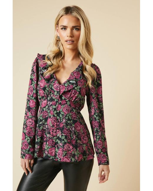 Dorothy Perkins Multicolor Petite Floral Ruffle Neck Long Sleeve Button Front Tea Blouse