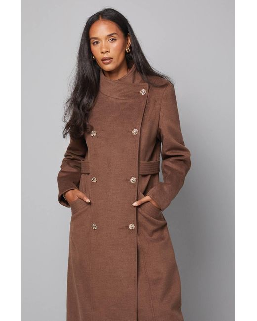 Wallis Brown Double Breasted Tab Detail Funnel Coat