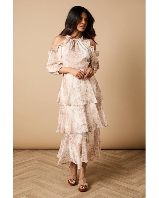 Oasis Natural Petite Cold Shoulder Metallic Maxi Ruffle Tier Dress