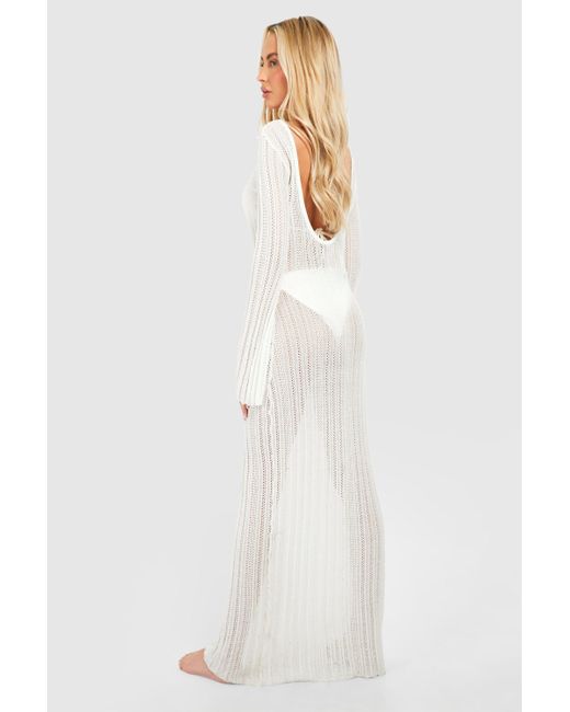 Boohoo Natural Tall Crochet Flare Sleeve Scoop Back Knitted Dress