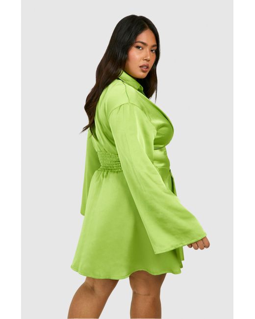 Boohoo Green Plus Satin Corset Detail Flared Sleeve Shirt Dress