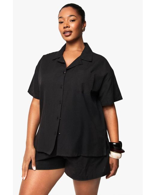 Boohoo Black Plus Linen Look Short Sleeve Shirt And Elasticated Waist Co-Ord