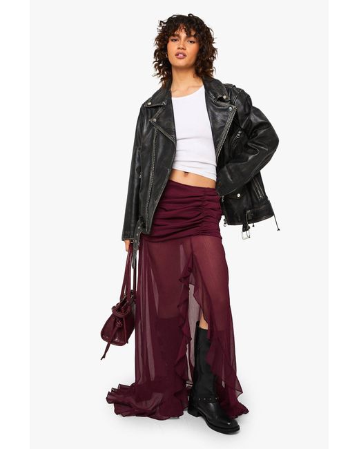 Chiffon Ruffle Split Leg Maxi Skirt Boohoo de color Red