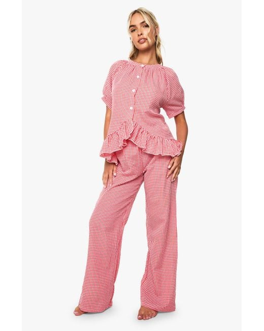 Boohoo Red Gingham Oversized Frill Detail Short Sleeve Shirt & Pants Pyjama Set