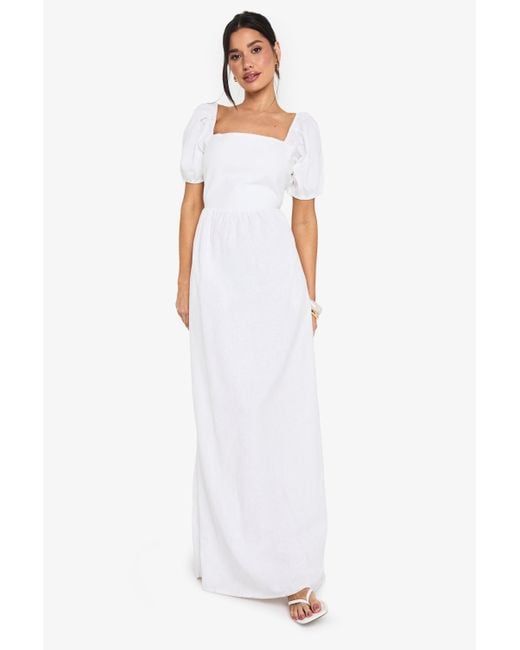 Boohoo White Tall Linen Puff Sleeve Maxi Dress