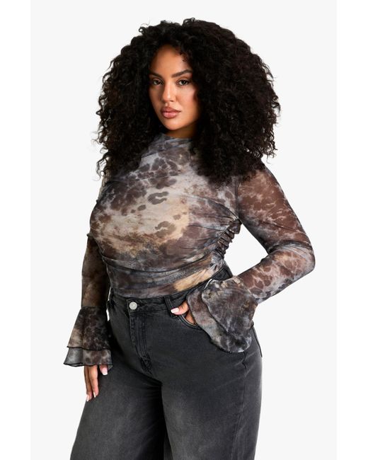 Boohoo Black Plus Abstract Mesh Flare Cuff One Piece