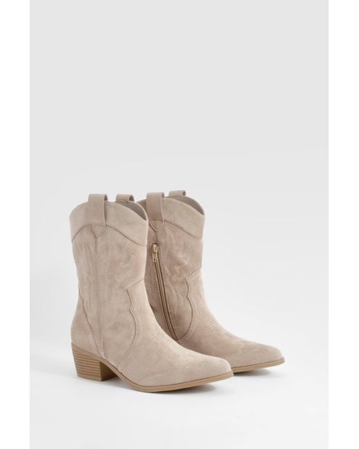 Boohoo Natural Embroidered Western Ankle Cowboy Boots