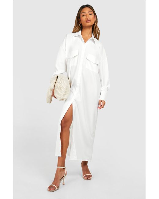 Boohoo White Linen Midaxi Utility Shirt Dress