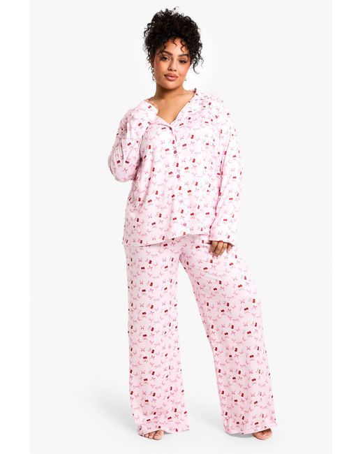 Boohoo Pink Plus Cherry Print Long Sleeve & Trouser Pj Set