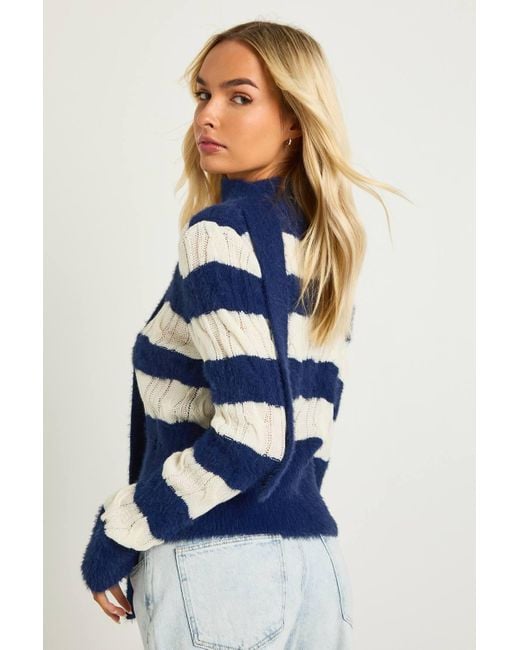 Boohoo Blue Super Soft Chunky Stripe V Neck Sweater And Scarf