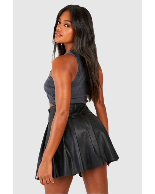 Boohoo Black Leather Look Pleated Micro Mini Skirt