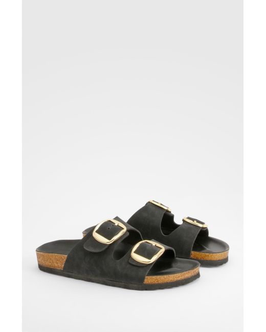 Boohoo Black Wide Fit Oversized Buckle Double Strap Footbed Sliders