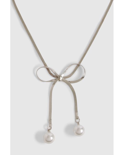 Boohoo Gray Bow Pearl Detail Snake Chain Necklace