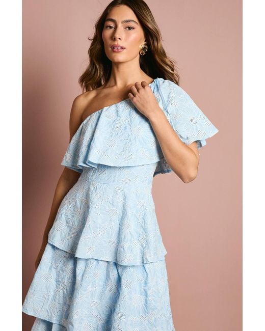 Coast Blue One Shoulder Tiered Broderie Midi Dress