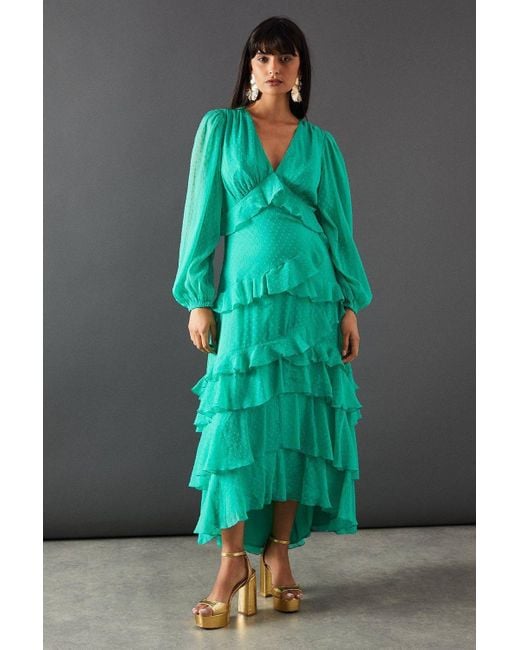 Warehouse Green Dobby Chiffon Ruffle Midi Dress