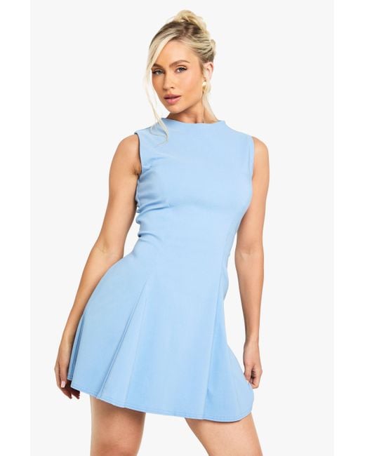 Boohoo Blue Bengaline High Neck Skater Dress