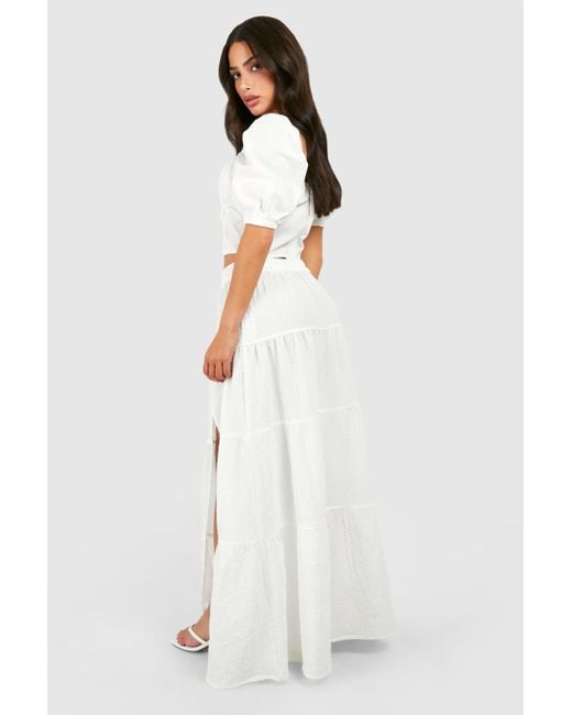 Boohoo White Petite Textured Tiered Hem Woven Maxi Skirt