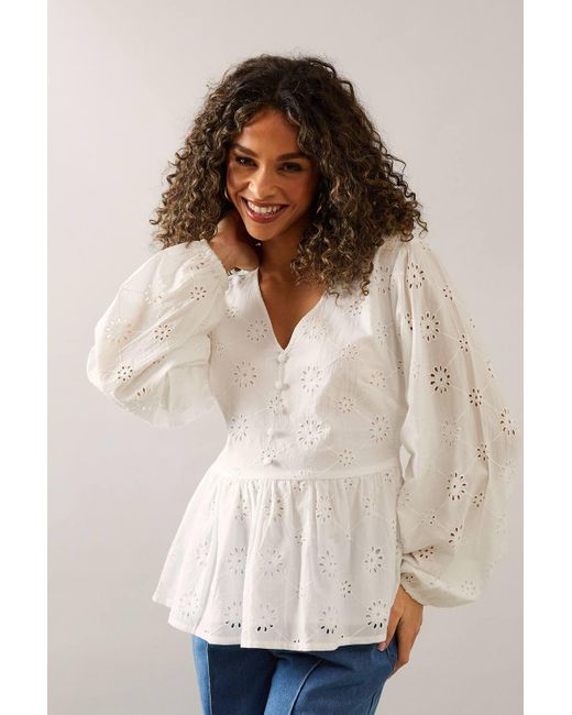 Wallis Natural Broderie Button Peplum Blouse