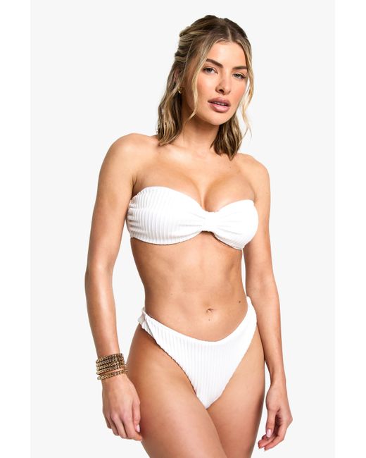 Boohoo White Textured Stripe Knot Front Bandeau Bikini Top & High Leg Bikini Bottoms Set