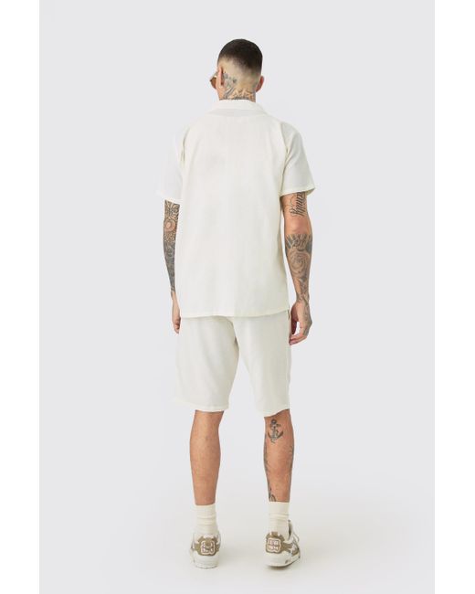 Boohoo Natural Tall Drop Revere Linen Shirt & Short Set In Ecru