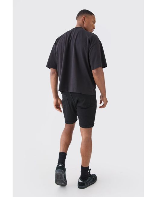 BoohooMAN Blue Skinny Stretch Distressed Denim Shorts In Black for men