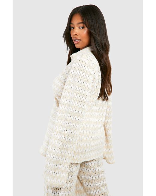 Boohoo Natural Plus Neutral Stripe Crochet Beach Shirt