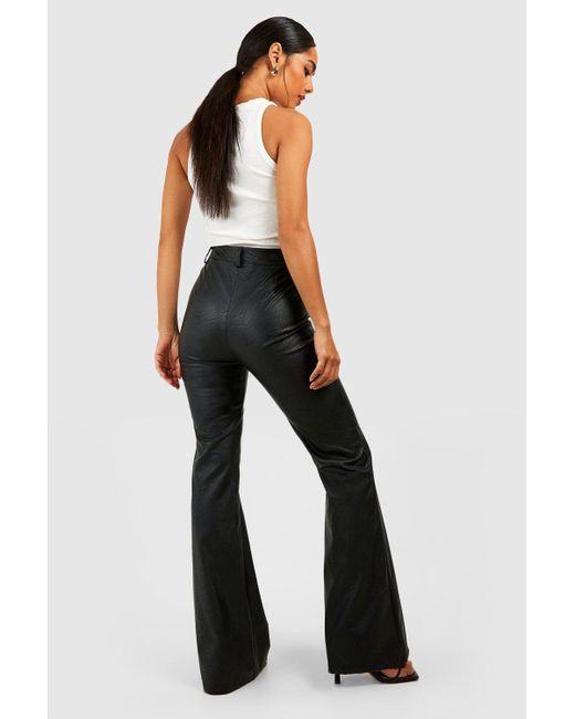 Boohoo Black Leather Look High Waisted Seam Front Flared Trousers